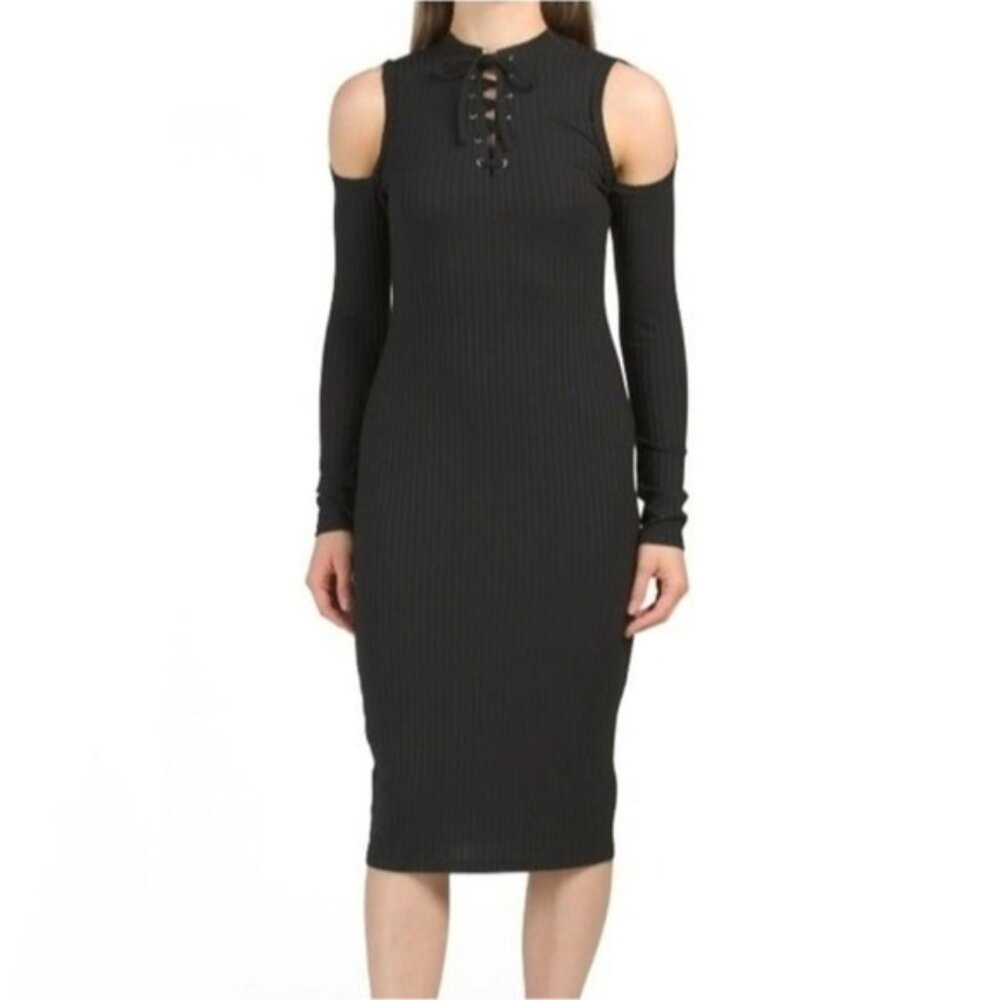 Avec Les Filles Ribbed Cold Shoulder Midi Dress XXS New Women's Black Clubwear